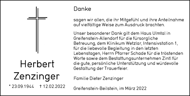  Traueranzeige für Herbert Zenzinger vom 16.03.2022 aus Dill Block