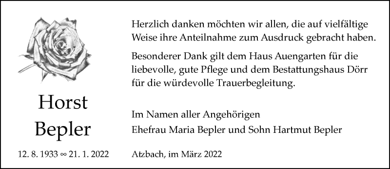  Traueranzeige für Horst Bepler vom 25.03.2022 aus Wetzlarer Neue Zeitung