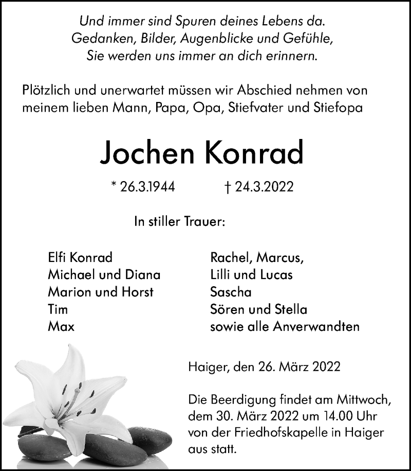  Traueranzeige für Jochen Konrad vom 26.03.2022 aus Dill Block