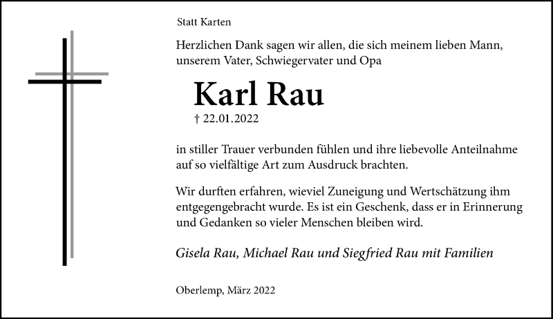  Traueranzeige für Karl Rau vom 12.03.2022 aus Wetzlarer Neue Zeitung