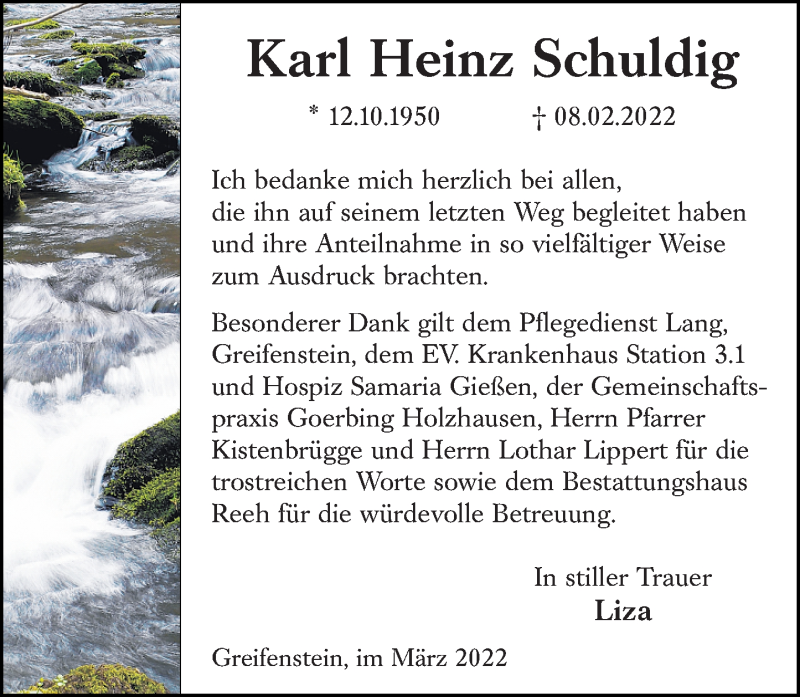  Traueranzeige für Karl Heinz Schuldig vom 05.03.2022 aus Wetzlarer Neue Zeitung