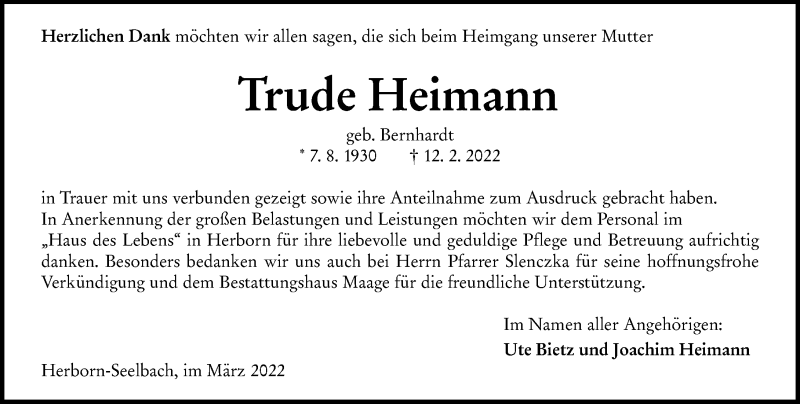  Traueranzeige für Trude Heimann vom 19.03.2022 aus Dill Block