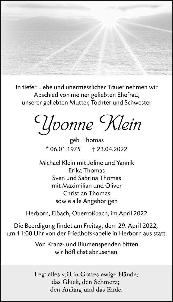  Traueranzeige für Yvonne Klein vom 27.04.2022 aus Dill Block