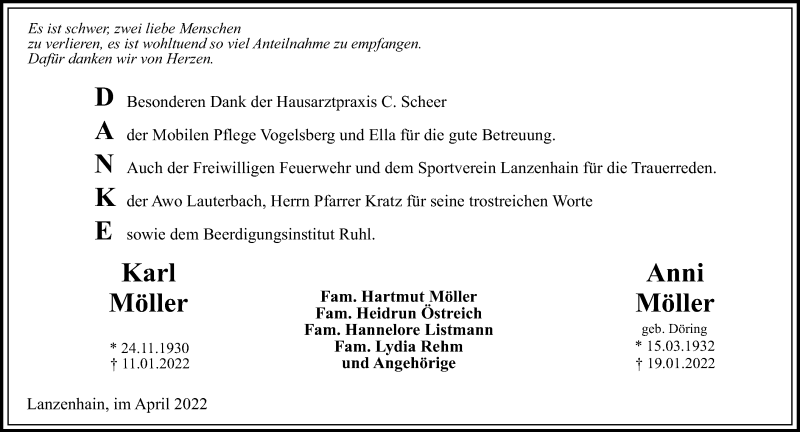  Traueranzeige für Anni Möller vom 09.04.2022 aus Oberhessische Zeitung
