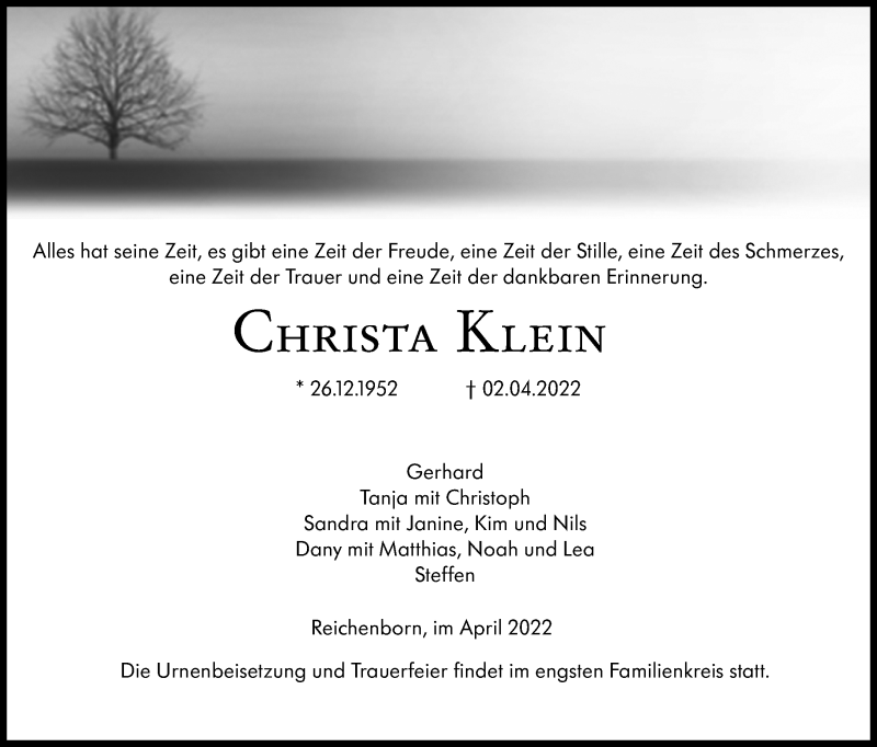  Traueranzeige für Christa Klein vom 08.04.2022 aus Weilburger Tageblatt