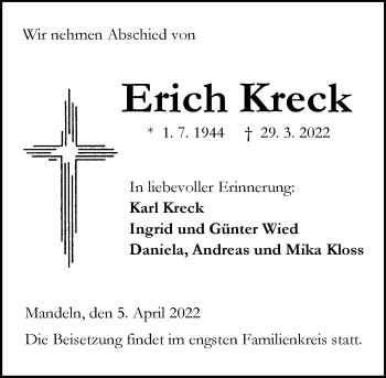 Traueranzeige von Erich Kreck von Dill Block
