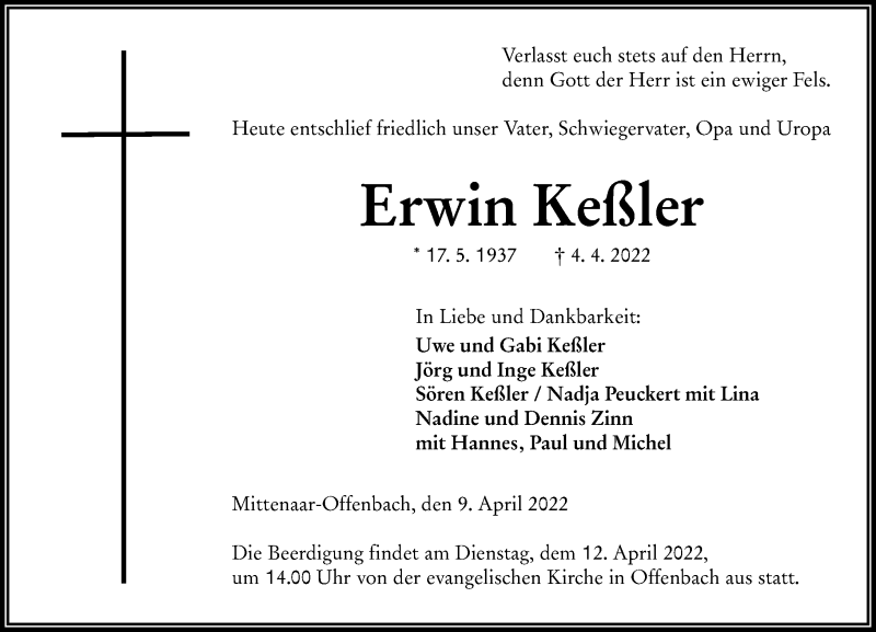 Traueranzeige für Erwin Keßler vom 09.04.2022 aus Dill Block