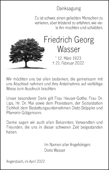 Traueranzeige von Friedrich Georg Wasser von VRM Trauer