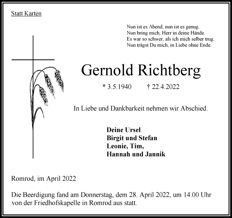  Traueranzeige für Gernold Richtberg vom 30.04.2022 aus Oberhessische Zeitung