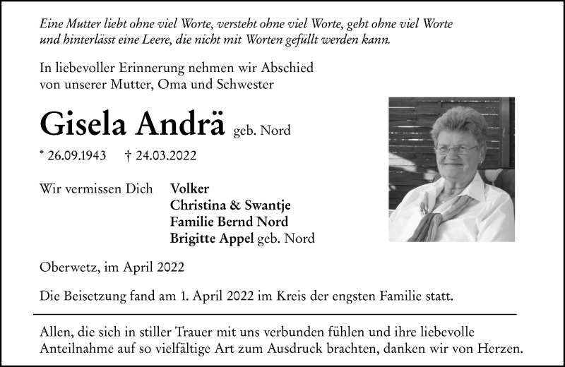  Traueranzeige für Gisela Andrä vom 02.04.2022 aus Wetzlarer Neue Zeitung