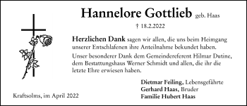Traueranzeige von Hannelore Gottlieb von Wetzlarer Neue Zeitung