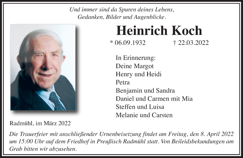  Traueranzeige für Heinrich Koch vom 05.04.2022 aus VRM Trauer