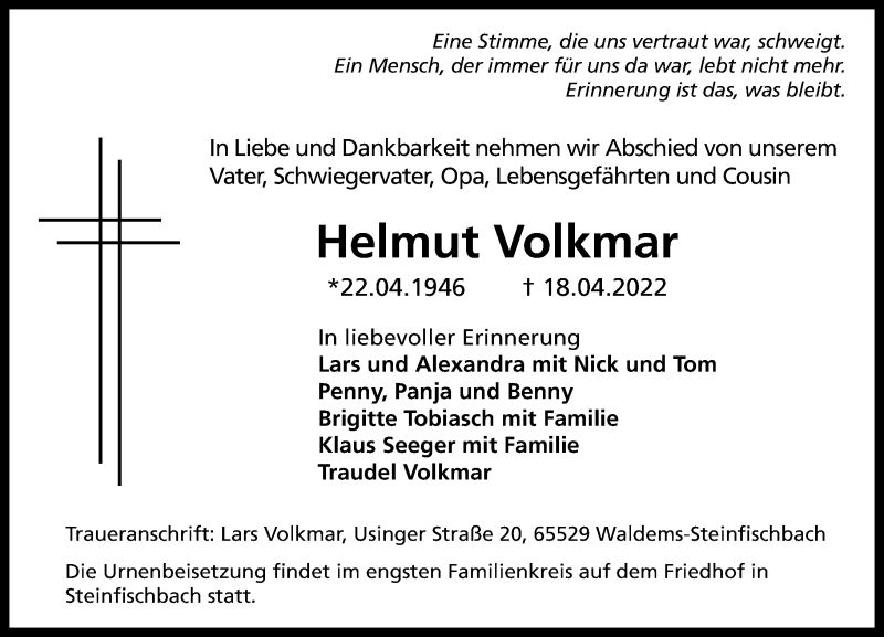  Traueranzeige für Helmut Volkmar vom 28.04.2022 aus Camberger Anzeiger