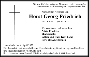 Traueranzeige von Horst Georg Friedrich von VRM Trauer