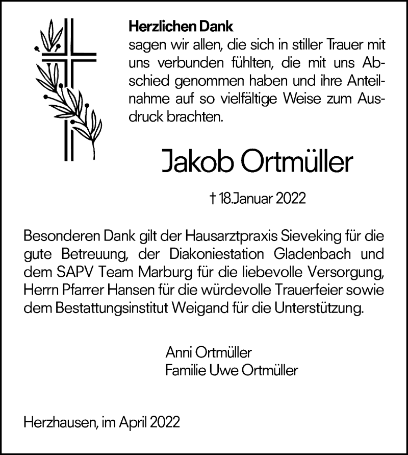  Traueranzeige für Jakob Ortmüller vom 02.04.2022 aus Hinterländer Anzeiger