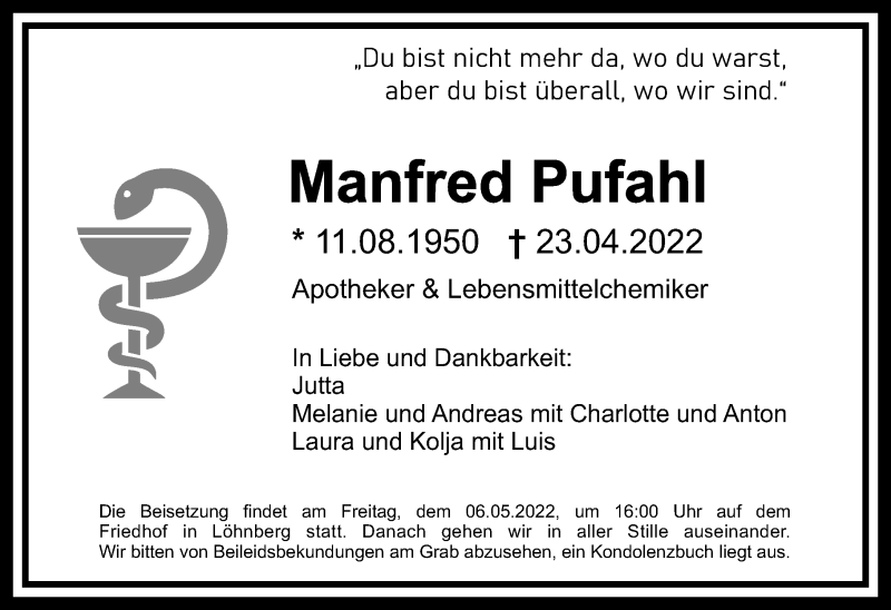  Traueranzeige für Manfred Pufahl vom 30.04.2022 aus Weilburger Tageblatt