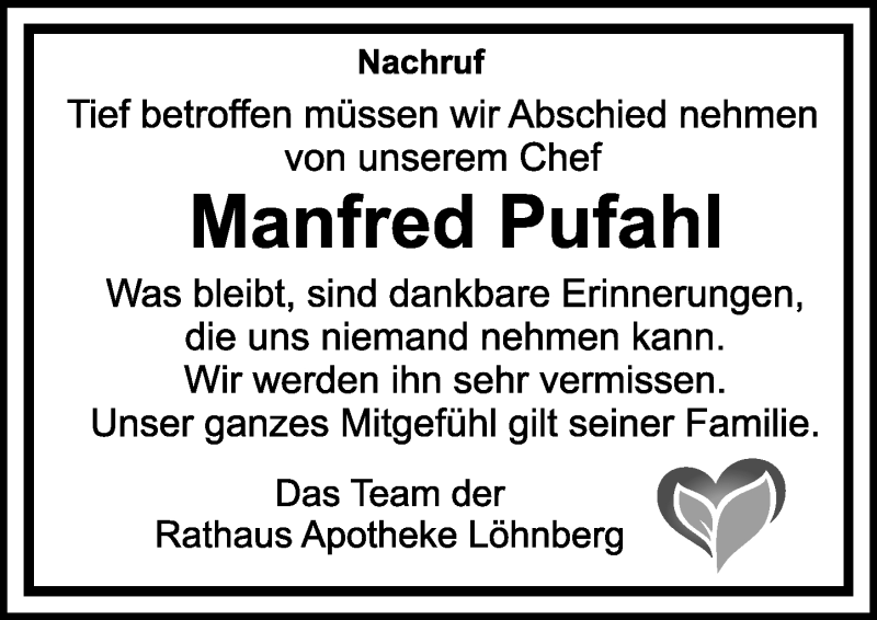  Traueranzeige für Manfred Pufahl vom 30.04.2022 aus Weilburger Tageblatt