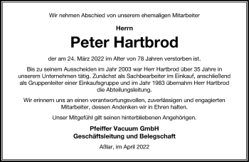 Traueranzeige von Peter Hartbrod von Wetzlarer Neue Zeitung