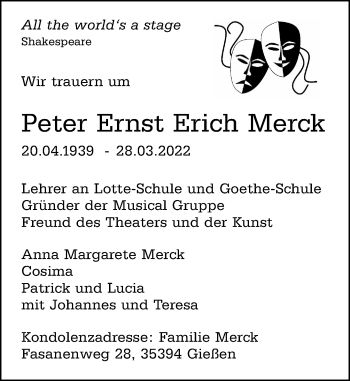 Traueranzeige von Peter Ernst Erich Merck von Wetzlarer Neue Zeitung