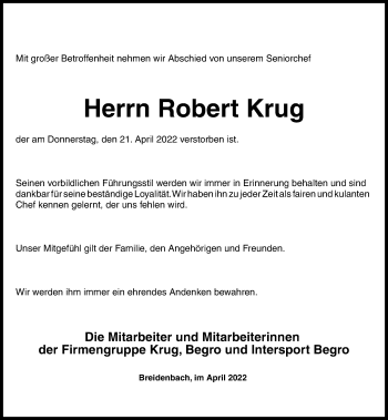 Traueranzeige von Robert Krug von Hinterländer Anzeiger