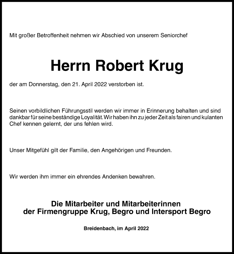  Traueranzeige für Robert Krug vom 26.04.2022 aus Hinterländer Anzeiger