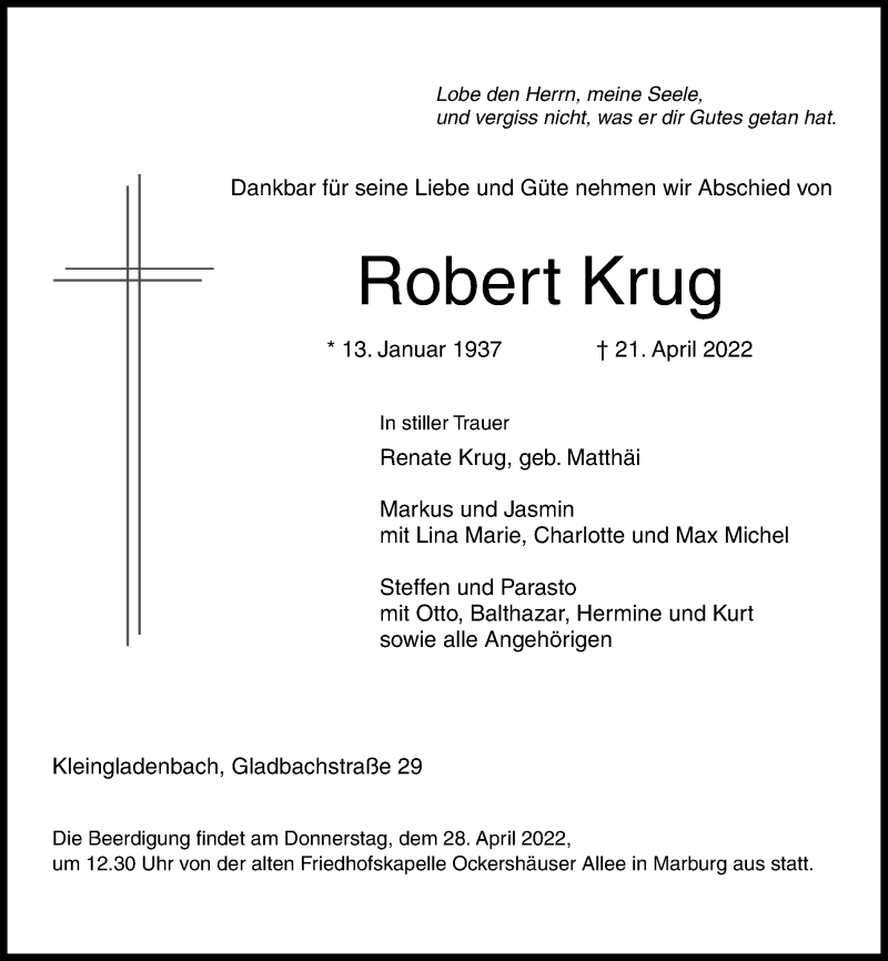  Traueranzeige für Robert Krug vom 26.04.2022 aus Hinterländer Anzeiger