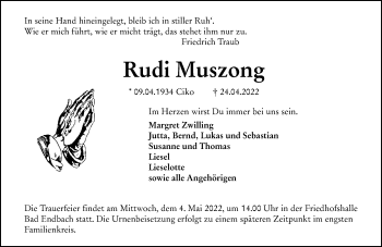 Traueranzeige von Rudi Muszong von Hinterländer Anzeiger