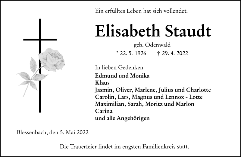 Traueranzeige für Elisabeth Staudt vom 05.05.2022 aus Weilburger Tageblatt