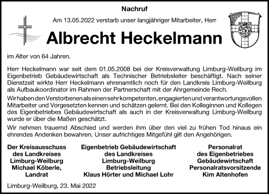 Traueranzeige von Albrecht Heckelmann von Weilburger Tageblatt