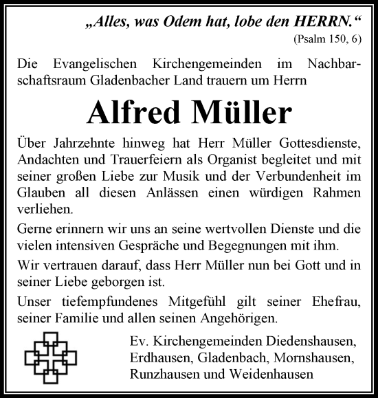 Traueranzeige von Alfred Müller von Hinterländer Anzeiger