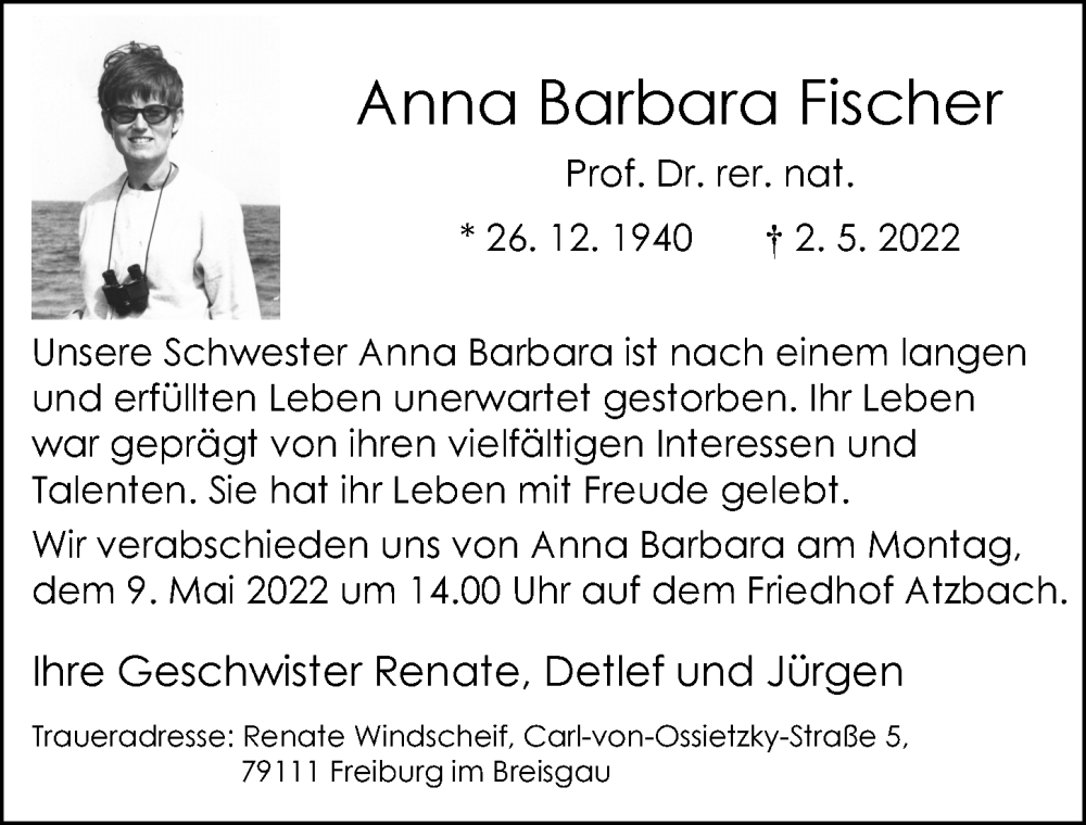  Traueranzeige für Anna Barbara Fischer vom 05.05.2022 aus Wetzlarer Neue Zeitung