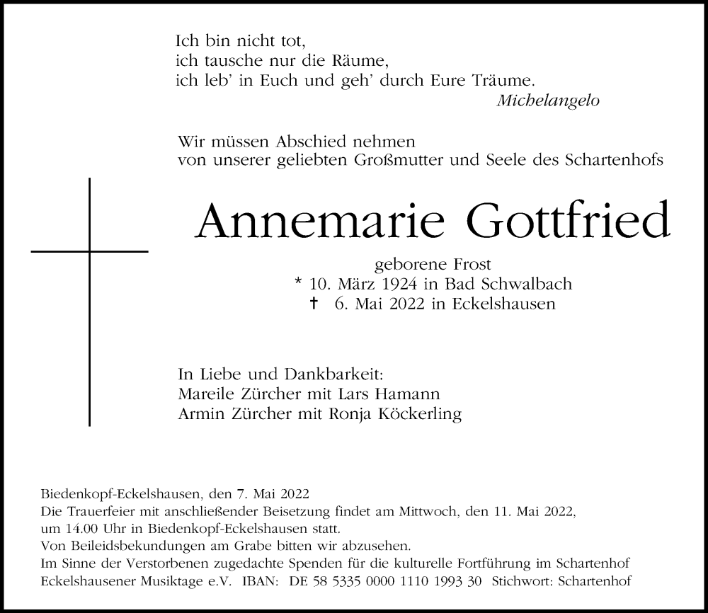  Traueranzeige für Annemarie Gottfried vom 10.05.2022 aus Hinterländer Anzeiger