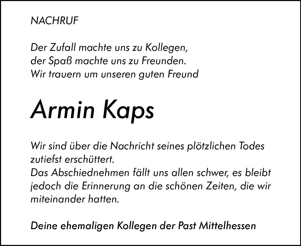  Traueranzeige für Armin Kaps vom 09.05.2022 aus Wetzlarer Neue Zeitung