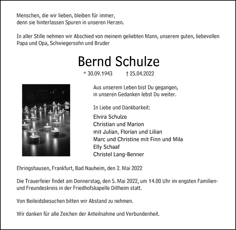  Traueranzeige für Bernd Schulze vom 02.05.2022 aus Wetzlarer Neue Zeitung