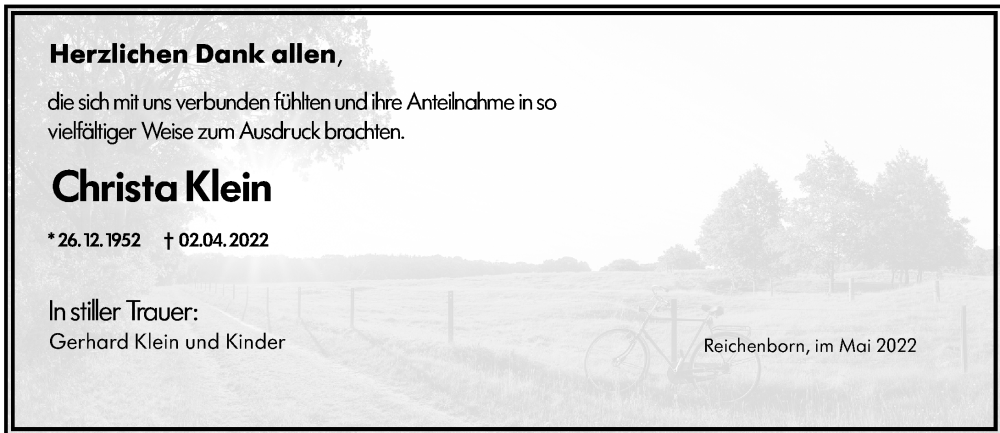  Traueranzeige für Christa Klein vom 06.05.2022 aus Weilburger Tageblatt