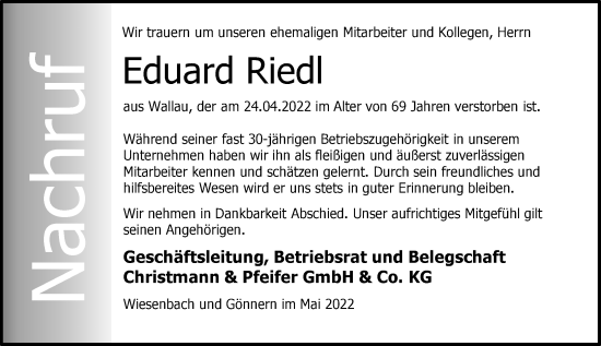 Traueranzeige von Eduard Riedl von Hinterländer Anzeiger