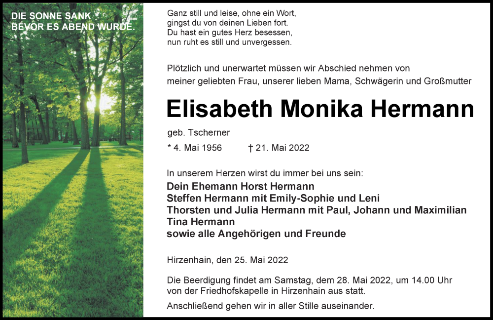  Traueranzeige für Elisabeth Monika Hermann vom 25.05.2022 aus Hinterländer Anzeiger