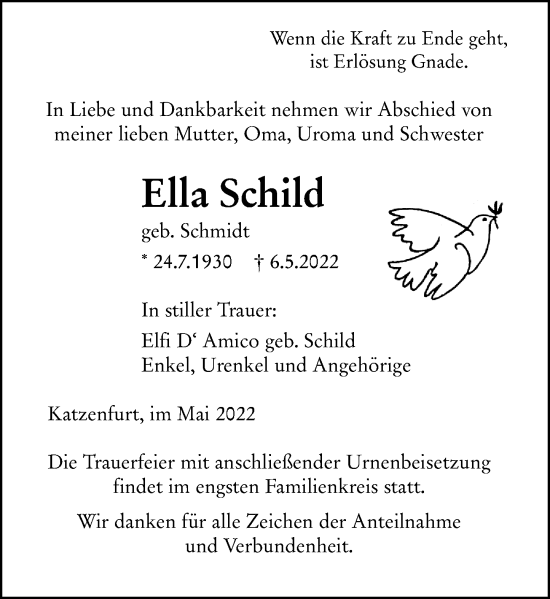 Traueranzeige von Ella Schild von Wetzlarer Neue Zeitung