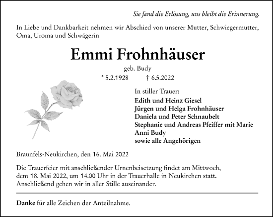 Traueranzeige von Emmi Frohnhäuser von Wetzlarer Neue Zeitung