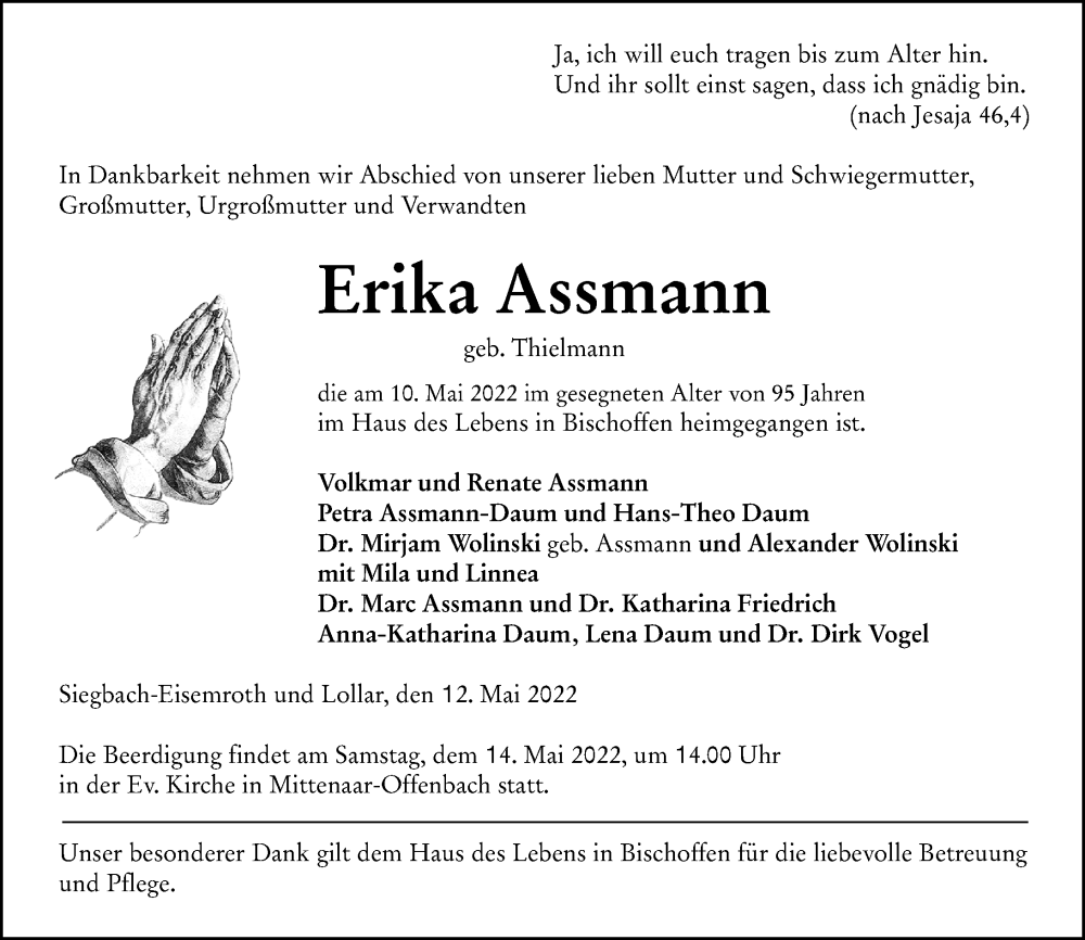  Traueranzeige für Erika Assmann vom 12.05.2022 aus Dill Block