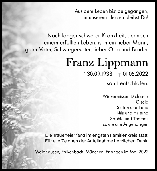Traueranzeige von Franz Lippmann von Weilburger Tageblatt