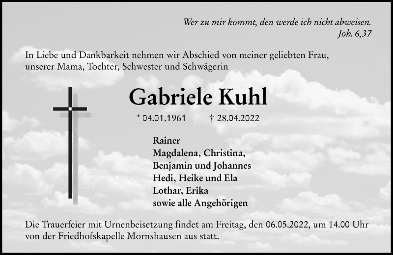  Traueranzeige für Gabriele Kuhl vom 04.05.2022 aus Hinterländer Anzeiger