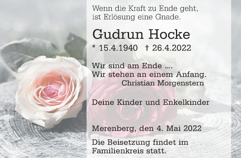  Traueranzeige für Gudrun Hocke vom 04.05.2022 aus Weilburger Tageblatt