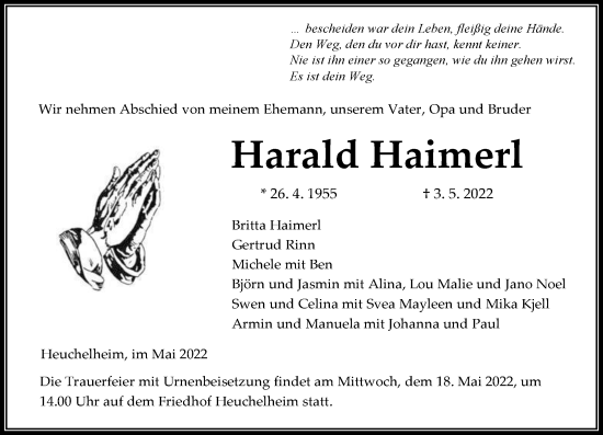 Traueranzeige von Harald Haimerl von Wetzlarer Neue Zeitung