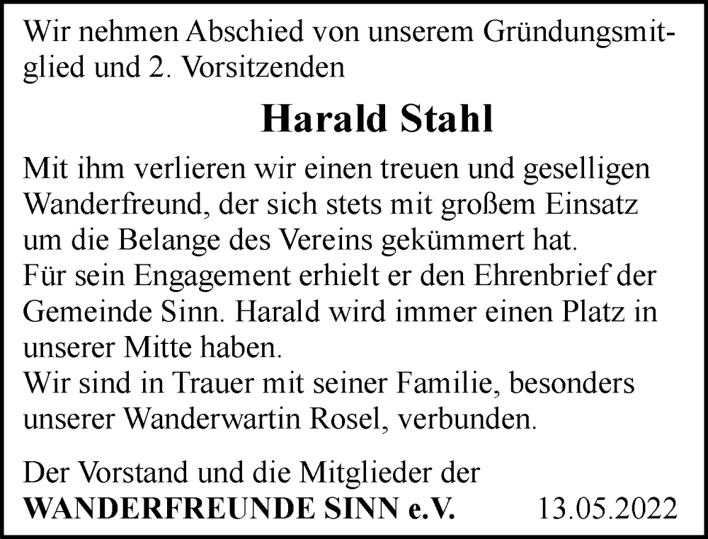  Traueranzeige für Harald Stahl vom 13.05.2022 aus Dill Block