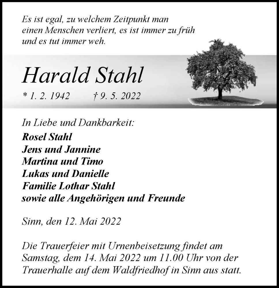  Traueranzeige für Harald Stahl vom 12.05.2022 aus Dill Block