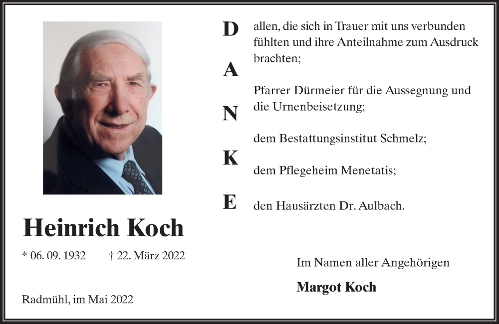  Traueranzeige für Heinrich Koch vom 07.05.2022 aus OK Oberhessen Kurier