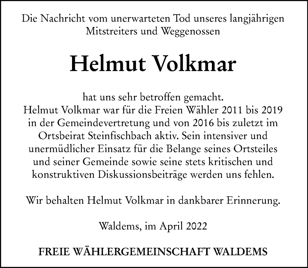  Traueranzeige für Helmut Volkmar vom 12.05.2022 aus Camberger Anzeiger
