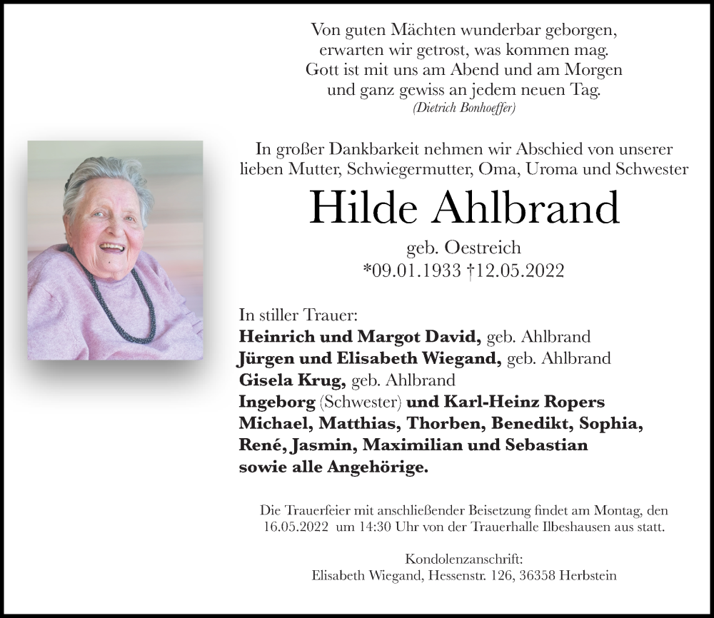  Traueranzeige für Hilde Ahlbrand vom 14.05.2022 aus Lauterbacher Anzeiger