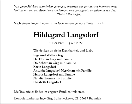 Traueranzeige von Hildegard Langsdorf von Wetzlarer Neue Zeitung
